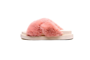 Fluffy Sense Fuzzy Soft Plush Fur Slides Cross Band with Arch Support (Peach Pink/White)