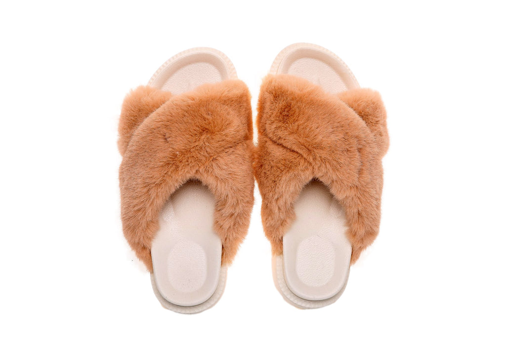 Fluffy Sense Fuzzy Soft Plush Fur Slides Cross Band with Arch Support (Orange Khaki/White)