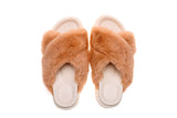 Fluffy Sense Fuzzy Soft Plush Fur Slides Cross Band with Arch Support (Orange Khaki/White)