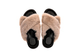 Fluffy Sense Fuzzy Soft Plush Fur Slides Cross Band with Arch Support (Light Brown/Black)