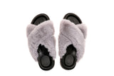 Fluffy Sense Fuzzy Soft Plush Fur Slides Cross Band with Arch Support (Silver Grew/Black)