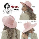 FLUFFY SENSE. Big Wide Brim Fedora Hat for Women - Nashville Outfits Western Hats Women's Felt Panama Rancher Hat (Rose Pink)