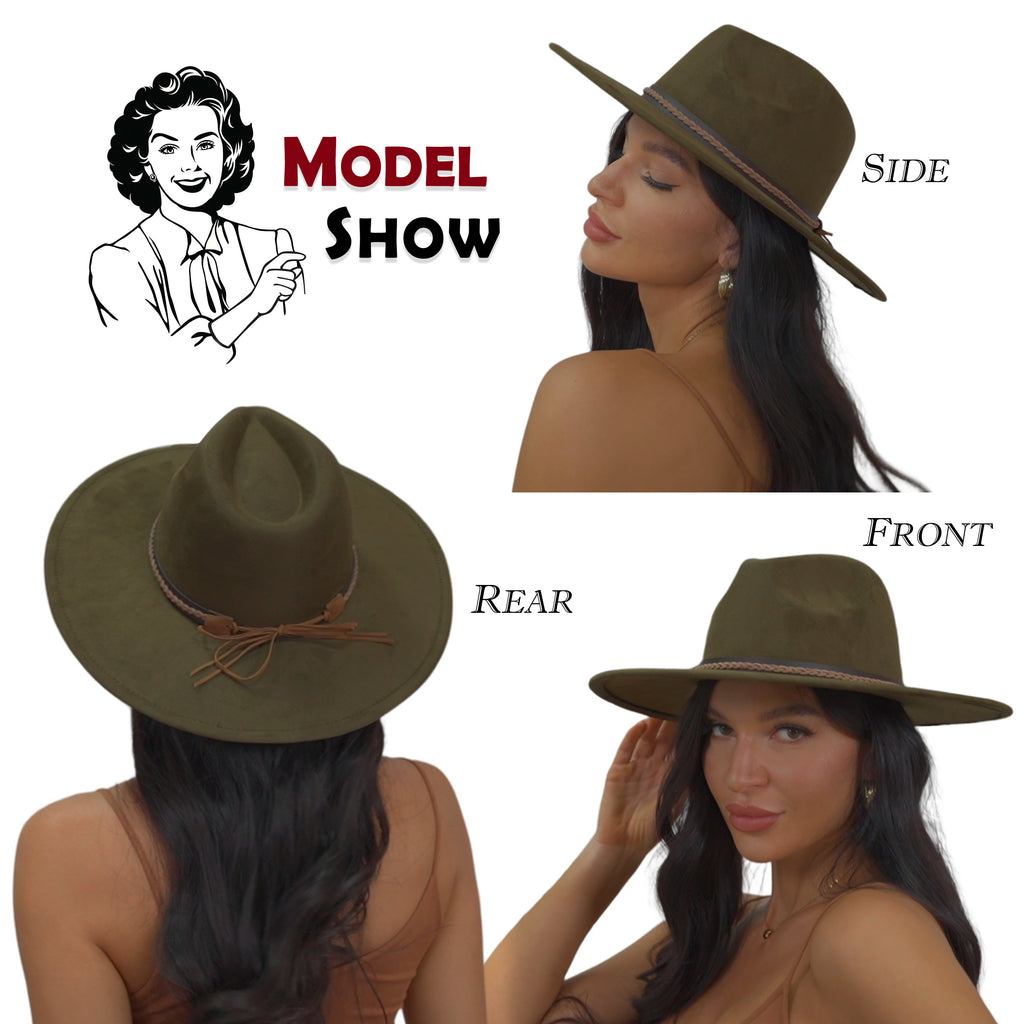 FLUFFY SENSE. Big Wide Brim Fedora Hat for Women - Nashville Outfits Western Hats Women's Felt Panama Rancher Hat (Olive Green)