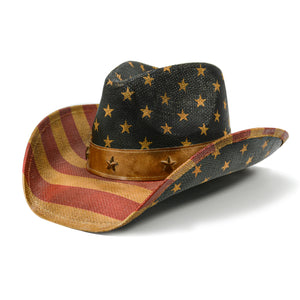 Fluffy Sense Vintage USA American Flag Cowboy Hat Classic Western Style Unisex Cowboy Cowgirl Hat (Classic Tea Stained)