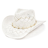Fluffy Sense Straw Cowboy Hat with Marbled Cowrie Shell Band Western Beach Sun Hat (Coastal White)