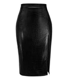 Women's Stretchy High-waisted Croc Embossed Faux Leather Midi Skirt