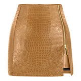 Women's Stretchy High-waisted Croc Embossed Faux Leather Mini Skirt with Zipper Slit