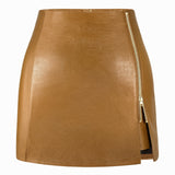 Women's Stretchy High-waisted Rich Grained Faux Leather Mini Skirt with Zipper Slit