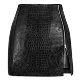 Women's Stretchy High-waisted Croc Embossed Faux Leather Mini Skirt with Zipper Slit