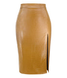 Women's Stretchy High-waisted Croc Embossed Faux Leather Midi Skirt