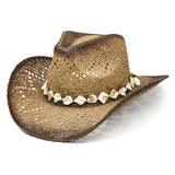 Fluffy Sense Straw Cowboy Hat with Natural Mother-of-Pearl Shell Band Western Beach Sun Hat (Ombre Brown)