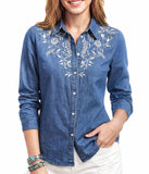 Womens Denim Shirt Long Sleeve Embroidered Button Down Jean Shirt Casual Western Top Cowgirl Outfit Blouse