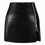 Women's Stretchy High-waisted Rich Grained Faux Leather Mini Skirt with Zipper Slit