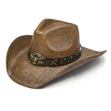 Fluffy Sense Distressed Teardrop Straw Cowboy Hat with Shapeable Brim Unisex Western Hat (Rustic Brown)