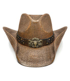 Fluffy Sense Distressed Teardrop Straw Cowboy Hat with Shapeable Brim Unisex Western Hat (Rustic Brown)