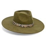 Big Wide Brim Felt Rancher Fedora Hat for Women and Men - Boho Western Hat with 4 inches Flat Brim (Olive Green)