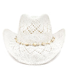 Fluffy Sense Straw Cowboy Hat with Marbled Cowrie Shell Band Western Beach Sun Hat (Coastal White)