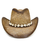 Fluffy Sense Straw Cowboy Hat with Natural Mother-of-Pearl Shell Band Western Beach Sun Hat (Ombre Brown)