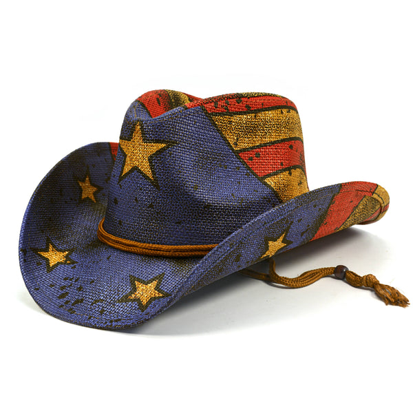 Fluffy Sense Vintage Straw Western Hat with Drawstring Closure American Flag Cowboy Cowgirl Hat（Tea-Stained Multicolor）