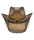 Fluffy Sense Distressed Teardrop Straw Cowboy Hat with Shapeable Brim Unisex Western Hat (Ombre Brown)
