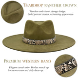 Big Wide Brim Felt Rancher Fedora Hat for Women and Men - Boho Western Hat with 4 inches Flat Brim (Olive Green)