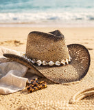 Fluffy Sense Straw Cowboy Hat with Natural Mother-of-Pearl Shell Band Western Beach Sun Hat (Ombre Brown)