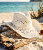 Fluffy Sense Straw Cowboy Hat with Marbled Cowrie Shell Band Western Beach Sun Hat (Coastal White)