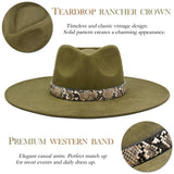 Big Wide Brim Felt Rancher Fedora Hat for Women and Men - Boho Western Hat with 4 inches Flat Brim (Olive Green)