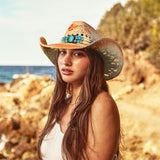 Fluffy Sense Coastal Cowgirl Hat Straw Cowboy Hat Western Beach Sun Hat for Women and Men with Shapeable Brim (Sandstone Tan)