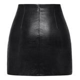 Women's Stretchy High-waisted Rich Grained Faux Leather Mini Skirt with Zipper Slit