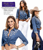 Womens Denim Shirt Long Sleeve Embroidered Button Down Jean Shirt Casual Western Top Cowgirl Outfit Blouse