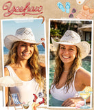 Fluffy Sense Straw Cowboy Hat with Marbled Cowrie Shell Band Western Beach Sun Hat (Coastal White)