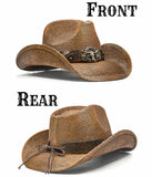 Fluffy Sense Distressed Teardrop Straw Cowboy Hat with Shapeable Brim Unisex Western Hat (Rustic Brown)