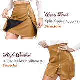 Women's Stretchy High-waisted Rich Grained Faux Leather Mini Skirt with Zipper Slit