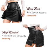 Women's Stretchy High-waisted Croc Embossed Faux Leather Mini Skirt with Zipper Slit