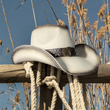 Fluffy Sense Teardrop Crown Unisex Straw Cowboy Cowgirl Hat Western Sun Hat   (White)