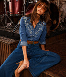 Womens Denim Shirt Long Sleeve Embroidered Button Down Jean Shirt Casual Western Top Cowgirl Outfit Blouse