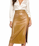 Women's Stretchy High-waisted Croc Embossed Faux Leather Midi Skirt