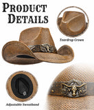 Fluffy Sense Distressed Teardrop Straw Cowboy Hat with Shapeable Brim Unisex Western Hat (Rustic Brown)