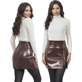 Women's Leather Mini Skirt Stretchy High Waisted Zipper Slit Faux Pleather Bodycon Short Pencil Skirt