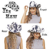 Fluffy Sense Cow Print Rhinestone Cowboy Cowgirl Hat Western Felt Disco Bachelorette Party Hat with Bling Chin Strap, Raisin Black Cow Print