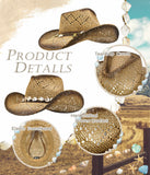 Fluffy Sense Straw Cowboy Hat with Natural Mother-of-Pearl Shell Band Western Beach Sun Hat (Ombre Brown)