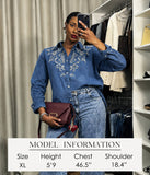 Womens Denim Shirt Long Sleeve Embroidered Button Down Jean Shirt Casual Western Top Cowgirl Outfit Blouse