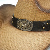 Fluffy Sense Teardrop Crown Unisex Straw Cowboy Cowgirl Hat Western Sun Hat   (Rustic Brown)