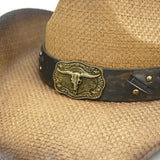 Fluffy Sense Teardrop Crown Unisex Straw Cowboy Cowgirl Hat Western Sun Hat  (Toasted Brown)