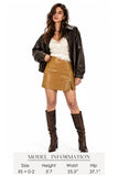 Women's Stretchy High-waisted Rich Grained Faux Leather Mini Skirt with Zipper Slit