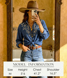 Womens Denim Shirt Long Sleeve Embroidered Button Down Jean Shirt Casual Western Top Cowgirl Outfit Blouse