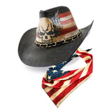 Fluffy Sense Vintage USA American Flag Cowboy Hat Classic Western Style Unisex Cowboy Cowgirl Hat (Black Skull Wings)