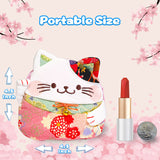 Fluffy Sense Plush Change Purse Japanese Style Kimono Fabric Cute Smiley Kitty (Light Pink/Green)