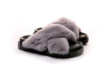 Fluffy Sense Fuzzy Soft Plush Fur Slides Cross Band with Arch Support (Silver Grew/Black)